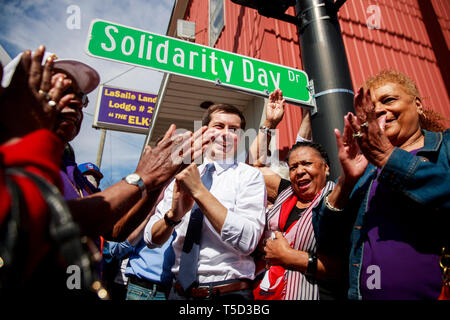 South Bend, Indiana Mayor Pete Buttigieg, who is running as a Democrat for President of the United States, attends the Dyngus Day Solidarity Day Drive Street Renaming at the South Bend Elks Lodge. Dyngus Day is a traditional Polish holiday, but also a time when South Bend candidates traditionally campaigned for office in the city since Indiana's primary election is in early May. Stock Photo