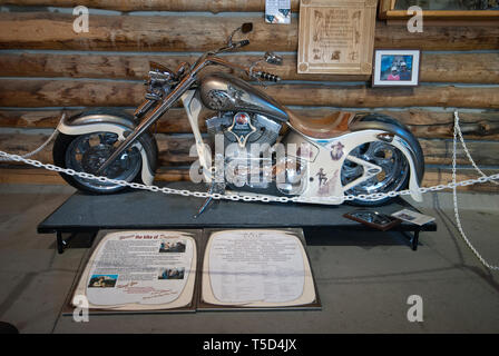Historic Harley Davidson motorcycle personalized and donated to Crazy Horse Memorial, Black Hills, South Dakota, USA Stock Photo