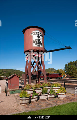 Old wooden water tank at Black Hills Central Railroad 1880 train, Hill City, County Pennington, South Dakota, USA Stock Photo