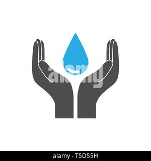 Save water sign. Hand holds water drop icon. Vector illustration, flat ...