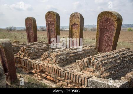 Ancient muslim cemetery near Agstafa, Azerbaijan with writings on farsi for graphic and web design, for website or mobile app. Stock Photo