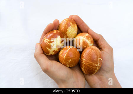 a horizontal view of female hands holding five eggs with leaf patterns traditionally colored with onion skins in boiling water Stock Photo