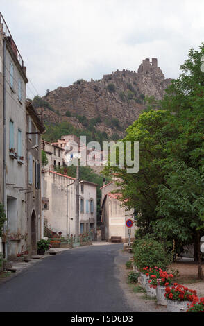 Rue de l'Affenage, Padern and its chateau, Aude, Occitanie, France Stock Photo