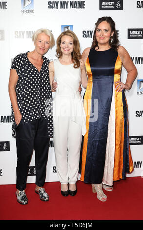 (left to right) Emma Thompson, Lisa Brenner and Deborah Frances-White, attend the gala screening for Say My Name at the Odeon Luxe, Leicester Square, London. Stock Photo