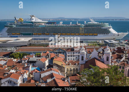 Aerial view from Miradouro das Portas do Sol viewing point in Alfama district of Lisbon city, Portugal with Independence of Seas cruise ship Stock Photo