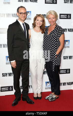 (left to right) Film director Jay Stern, Lisa Brenner and Emma Thompson, attend the gala screening for Say My Name at the Odeon Luxe, Leicester Square, London. Stock Photo