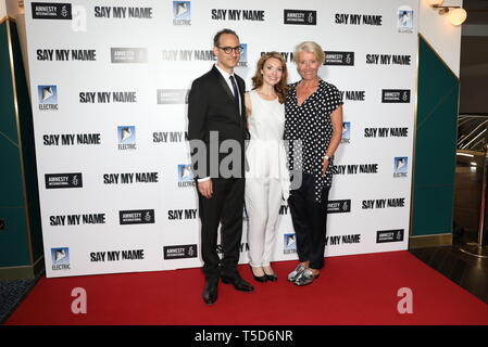 (left to right) Film director Jay Stern, Lisa Brenner and Emma Thompson, attend the gala screening for Say My Name at the Odeon Luxe, Leicester Square, London. Stock Photo