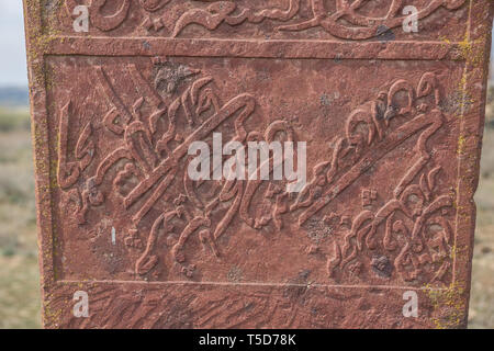 Ancient muslim cemetery near Agstafa, Azerbaijan with writings on farsi for graphic and web design, for website or mobile app. Stock Photo