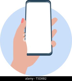 Hands holding smartphone vector illustration. Female hands holding mobile phone - mockup Stock Vector