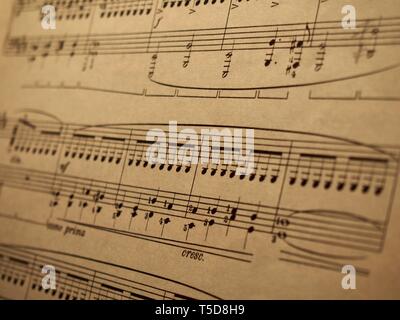 Old paper of sheet music for classical piano. Stock Photo