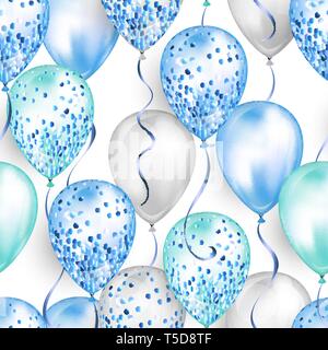 Seamless pattern made of shiny realistic 3D helium balloons for your design. Glossy balloons with glitter and ribbon, perfect decoration for birthday  Stock Vector