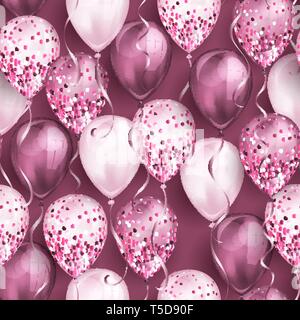 Seamless pattern made of shiny realistic 3D helium balloons for your design. Glossy balloons with glitter and ribbon, perfect decoration for birthday  Stock Vector