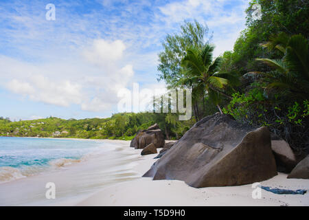 Seychelles sand beach view with big stones. Tropical nature on Seychelles island. Stock Photo