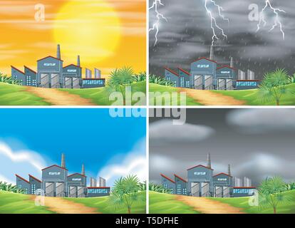 Set of factory in different weather illustration Stock Vector