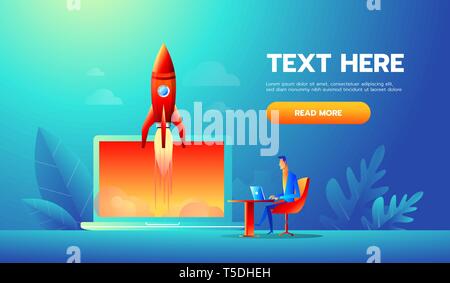 businessman launches rocket into the sky, employee performs the start-up of the spacecraft. Business startup concept. Stock Vector