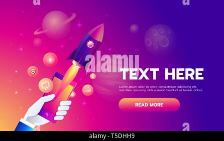Mobile icons app rocket on the space background. Vector illustration. Stock Vector