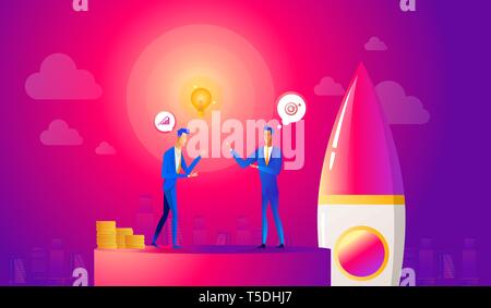 Startup business illustration. Businessmen make a agreement on idea before launching rocket. Innovation technology start up. Stock Vector