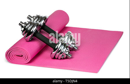 Yoga mat and dumbbells Isolated on white background Stock Photo