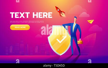 Businessman Protecting business With Shield. Business Concept Cartoon Illustration Stock Vector