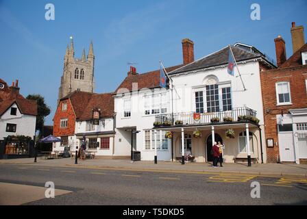 The Town Hall at Tenterden in Kent, England on April 17, 2019. The building dates from 1790. The Woolpack pub and hotel stands next door. Stock Photo