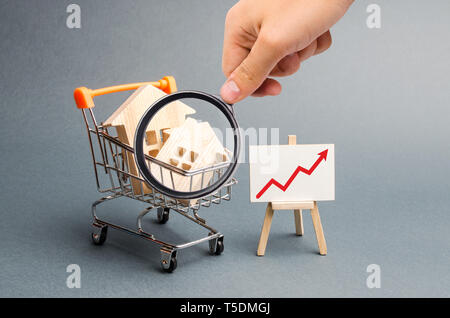 Magnifying glass is looking at the Wooden houses in a supermarket cart and red up arrow. Growing demand for housing and real estate. The growth of pop Stock Photo