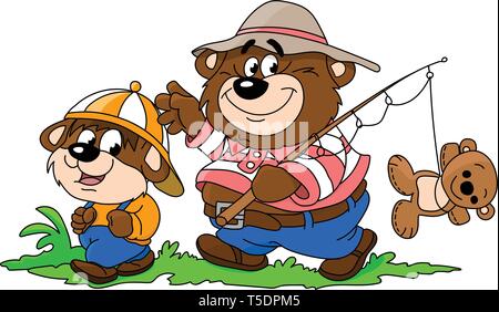 Cartoon bears, father and son, going to fishing to spend some time together vector illustration Stock Vector