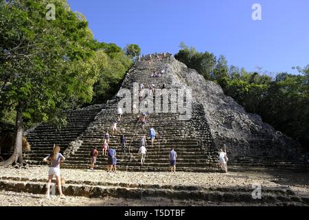 Tourists Climb Nohoch Mul Pyramid, Mayan Ruins Coba, Quintana Roo, Yucatan, Mexico Stock Photo