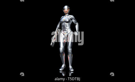 Futuristic android soldier woman in bulletproof armor, military cyborg girl armed with sci-fi rifle gun standing on black background, 3D rendering Stock Photo