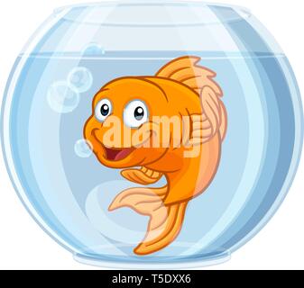 Goldfish in Gold Fish Bowl Cute Cartoon Character Stock Vector