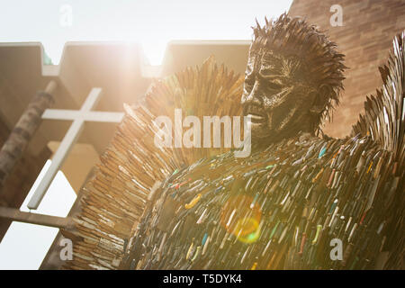 Coventry Cathedral. Thursday April 18 2019  Artist Alfie Bradley's Knife Angel, stands outside Coventry Cathedral. Dedicated to victims of knife crime. Stock Photo