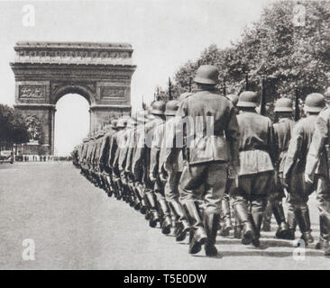 The Germans are entering Paris. The Champs-Elysees are deserted, all the houses are closed, while German units rises towards the Arc of the Star. Stock Photo