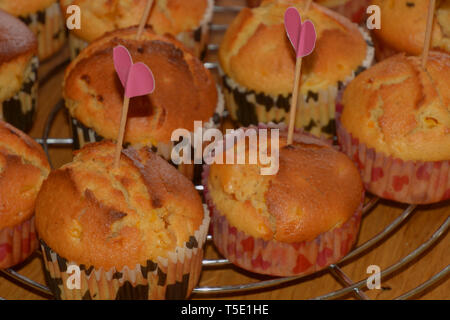 homemade yogurt tangerine muffins in colorful paper holders, homemade muffins with cracks on cooling metal grid on wooden table with love decoration Stock Photo