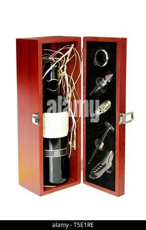 Wine set in box isolated included clipping path Stock Photo