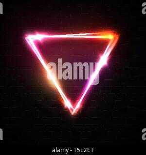 Shining triangle neon sign on black brick texture. Stock Vector