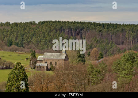 Little church in Ardennes landscape with meadows and pine trees, Liege, Belgium Stock Photo