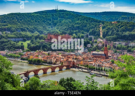 Heidelberg with a view from the Philosophenweg on the old town with castle, Heiliggeistkirche and Old Bridge over the Neckar Stock Photo