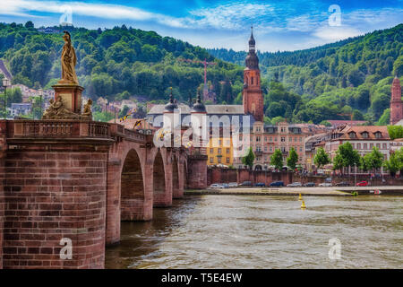 Heidelberg with a view of the old town with old bridge over the river Neckar and Holy Spirit Church. Stock Photo