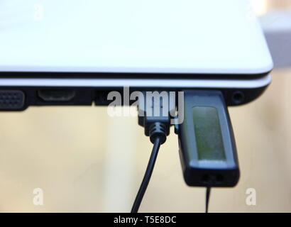 black flash drive with usb line in in white labtop slot.black flash drive in slot is tranfer information to labtop Stock Photo