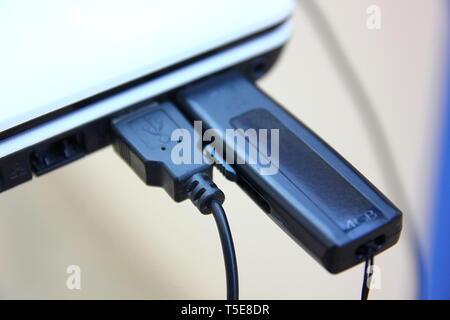 black flash drive with usb line in in white labtop slot.black flash drive in slot is tranfer information to labtop Stock Photo