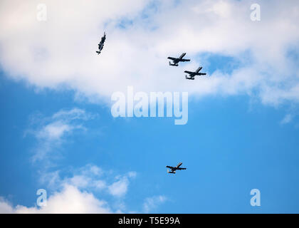 A-10C Thunderbolt IIs fly in formation during FT 19-04, April 19, 2019, at Moody Air Force Base, Ga. The exercise focused on high operations tempo and the ability to survive and operate in a chemical, biological, radioactive and nuclear environment to meet Chief of Staff of the Air Force and the Commander of Air Combat Command’s intent for readiness. (U.S. Air Force photo by Airman 1st Class Eugene Oliver) Stock Photo