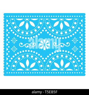 Papel Picado vector design, Mexican cut out paper decorations with flowers and geometric shapes, traditional fiesta banner in blue Stock Vector