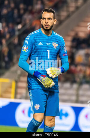 Brussels, Belgium - March 21, 2019. Russia national football team goalkeeper Guilherme during UEFA Euro 2020 qualification match Belgium vs Russia in  Stock Photo