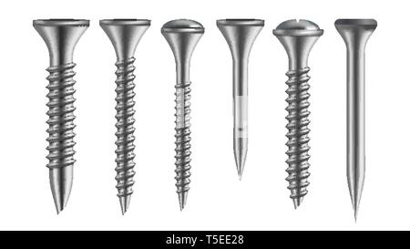 Realistic Types Of Iron Screw And Nail Set Vector Stock Vector
