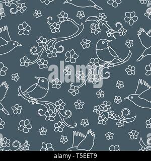 Seamless pattern with sakura branches, birds. Japan nature. Branches of cherry blossoms. Design for card, announcement, advertisement, banner or print Stock Vector