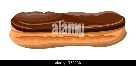 Eclair brewing cake. Sweet eclair with chocolate glaze and custard cream. Tasty dessert. Bread baked food. Bakery shop, pastry. Vector illustration in flat style Stock Vector