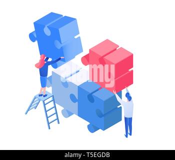 Colleagues coworking, team working isometric illustration. Programmers brainstorming, developers searching solution 3D vector clipart. Creative process, jigsaw puzzle assembling isolated design element Stock Vector