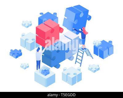 Developers coworking, team working isometric illustration. Programmers brainstorming, searching creative solution, partnership 3D vector clipart. Office worker standing on ladder, assembling jigsaw puzzle isolated design element Stock Vector