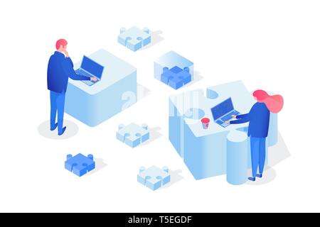 Partnership, team working 3D vector illustration. Programmers coworking, brainstorming, searching creative solution isometric clipart. Colleagues, office workers, business partners isolated design element Stock Vector