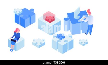 Partnership, team working isometric illustration. Programmers coworking, brainstorming, searching creative solution 3D vector clipart. Colleagues, office workers using computers at workplace, workspace isolated design element Stock Vector