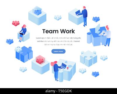 Teamwork, team building isometric landing page. Programmers coworking, brainstorming, searching creative ideas 3D vector web banner. Colleagues, office workers using computers illustration Stock Vector